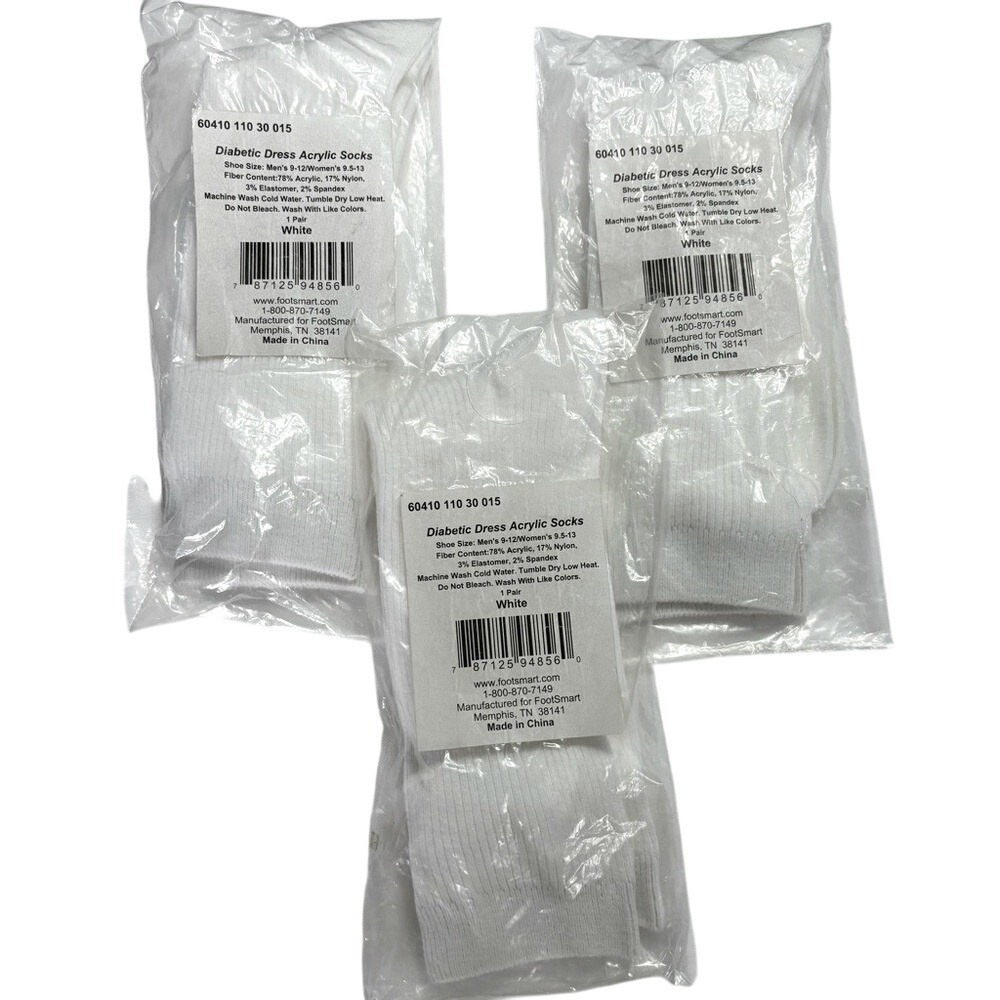 Footsmart Men's Diabetic Dress White Acrylic Socks 3 Pair Men's Shoe Size 9-12